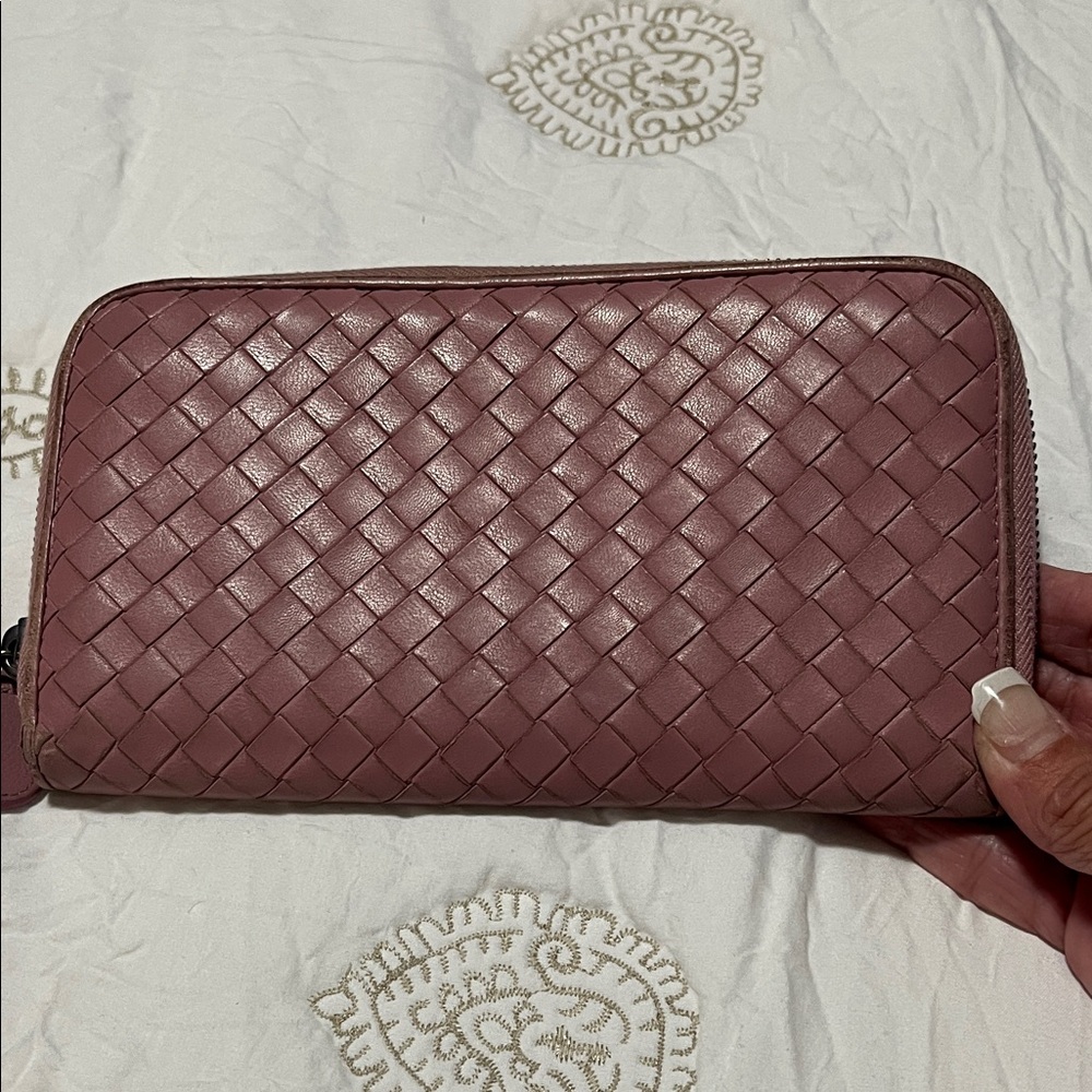 Bottega Veneta Pink Intrecciato Zip Wallet authentic COA available
